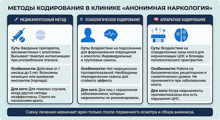 Подробная сравнительная инфографика Методы кодирования в клинике Анонимная наркология